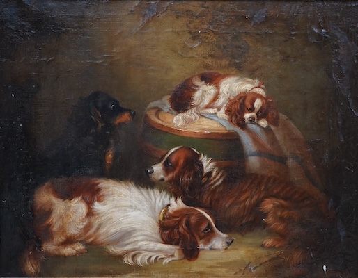 George Smythe (19th. C), oil on canvas, Study of four spaniels in an interior, signed, 35 x 45cm, gilt framed. Condition - poor